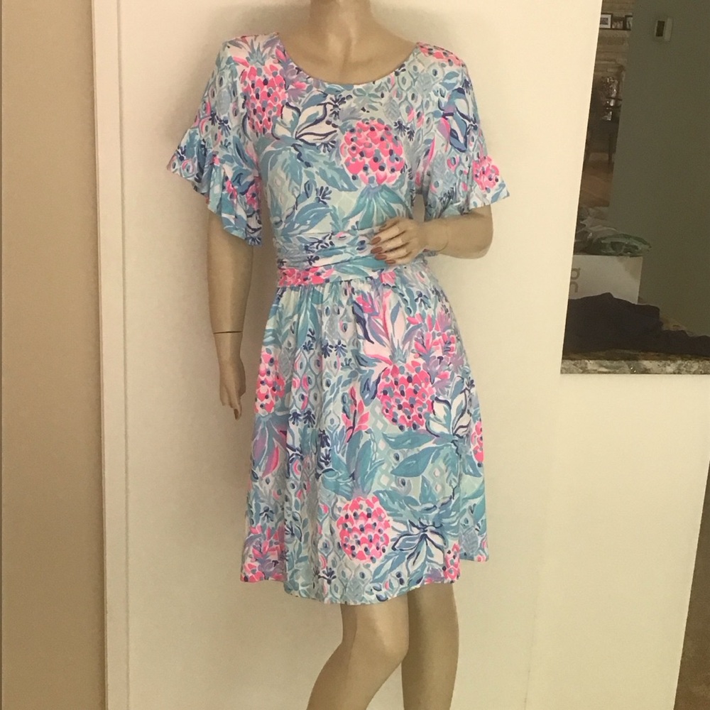 Lilly Pulitzer Riegan Zanzibar Blue‎ Party Princess Fit Flare Dress L EUC